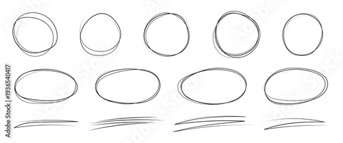 Hand drawn black and red circles and ovals set. Ellipses in red pencil doodle style. Round freehand shapes, emphasis highlights. Red round rough thin frames.