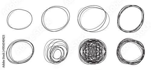 Hand drawn black and red circles and ovals set. Ellipses in red pencil doodle style. Round freehand shapes, emphasis highlights. Red round rough thin frames.