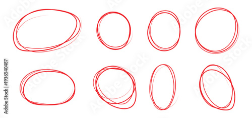 Hand-Drawn Red Oval and Circle Highlight Frames – Marker, Crayon, and Pen Scribble Outline Set for Graphic Design