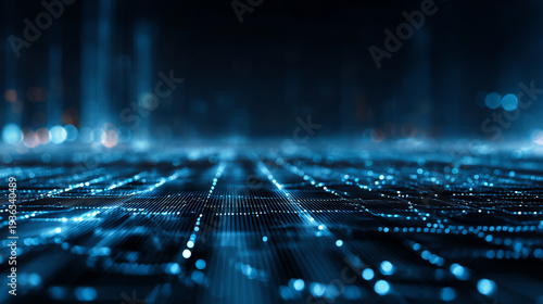 Futuristic digital landscape with glowing circuit patterns illustrating advanced technology and connectivity.