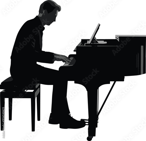 Pianist playing grand piano, classical musician performance, music practice silhouette, professional pianist concert rehearsal, elegant musical instrument art concept