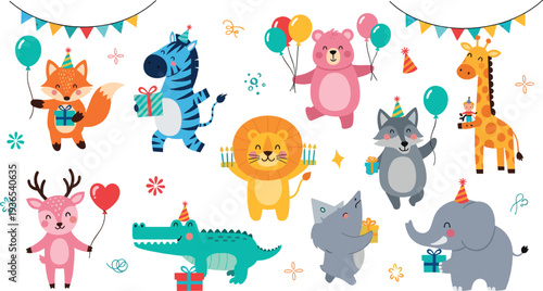 Cute jungle animals birthday party cartoon vector set with lion elephant giraffe zebra fox bear balloons gifts and celebration decorations