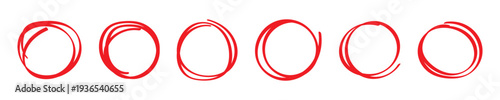 Hand drawn black crayon ovals and circles set. Ellipses in red pencil doodle style. Round freehand shapes, emphasis highlights.