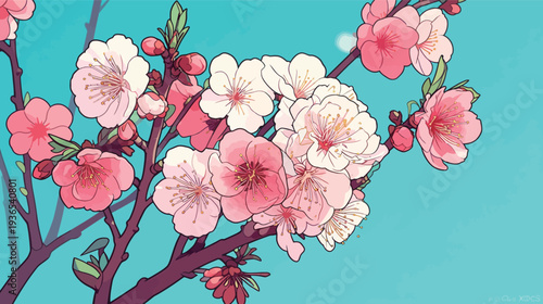 A cherry blossom branch displays pink and white flowers with clear blue sky in the background during springtime.