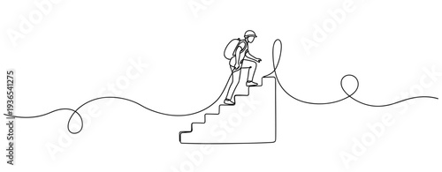 Hiker climbing steps in continuous line illustration with backpack. No editable stroke