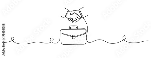 Handshake occurring above briefcase on continuous line drawing. No editable stroke