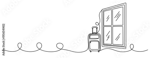 Suitcase standing beside window on continuous line interior. No editable stroke