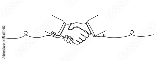 Two hands shaking in handshake on continuous line art. No editable stroke
