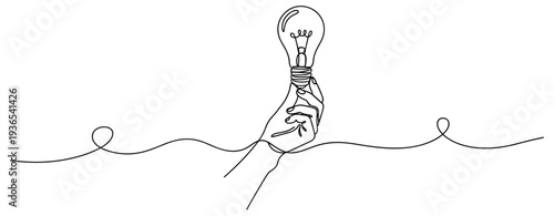 Hand holding light bulb above continuous line background. No editable stroke