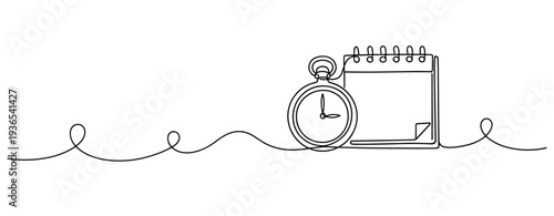 Pocket watch and notepad showing schedule on continuous line. No editable stroke