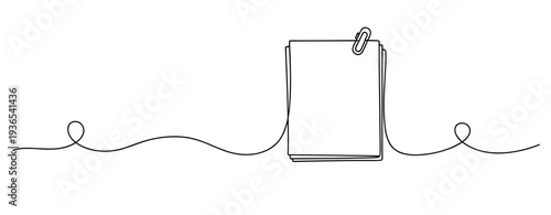 Stack of papers with paperclip attached on continuous line. No editable stroke