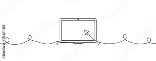 Laptop showing cursor connected by continuous line on white. No editable stroke