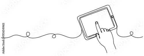 Hand tapping tablet touchscreen in continuous line illustration. No editable stroke