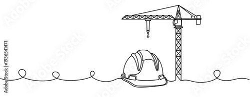 Construction helmet placed beside tower crane on continuous line. No editable stroke