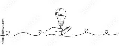 Hand holding light bulb in continuous line drawing scene. No editable stroke
