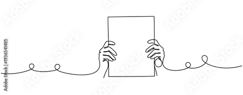 Hands holding blank sheet centered over continuous line background. No editable stroke