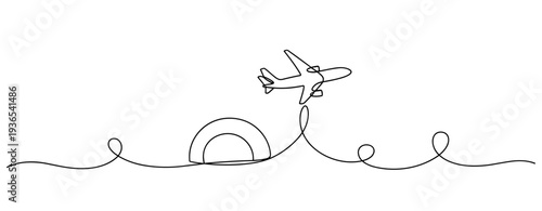 Airplane ascending in continuous line over simple horizon. No editable stroke