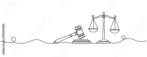 Gavel striking with scales beside on continuous line. No editable stroke