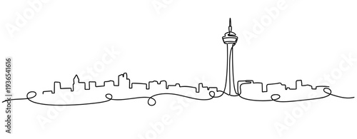 City skyline featuring tower rising across continuous line. No editable stroke