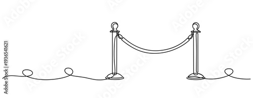 Rope barrier between stanchions marking restricted area on white. No editable stroke