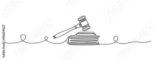 Gavel striking law book on continuous line background. No editable stroke