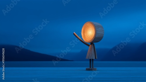 Wallpaper Mural Whimsical Wooden Figure Holding a Light in a Dreamy Blue Landscape with Soft Fog and Gentle Hills in the Background, Evoking a Sense of Wonder and Serenity Torontodigital.ca