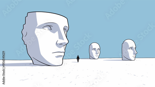A person walks in a wide open area with three large head sculptures under a blue sky during daytime.