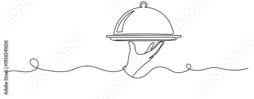 Hand holding covered platter in minimal line illustration. No editable stroke