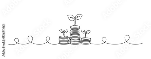 Stacks of coins sprouting leaves symbolizing financial growth concept. No editable stroke