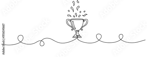 Trophy cup celebrating victory on decorative line background. No editable stroke