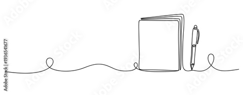 Notebook and pen resting on continuous line background. No editable stroke