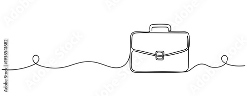 Briefcase resting on continuous line across white background. No editable stroke