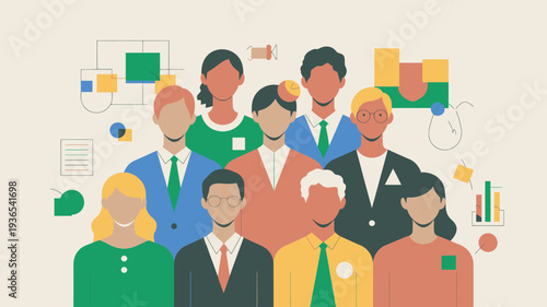 A diverse group of people standing together in a modern and vibrant setting with various colorful shapes and graphs around them