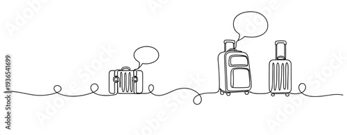 Luggage with speech bubbles in continuous line travel illustration. No editable stroke