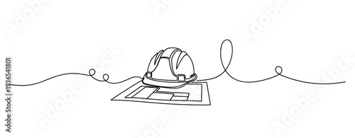 Construction helmet placed on blueprint drawn in continuous line. No editable stroke