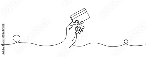 Hand holding credit card in continuous line composition white background. No editable stroke