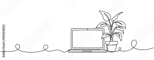 Laptop placed beside potted plant on white continuous line. No editable stroke