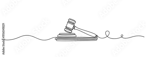 Gavel striking judge block on continuous line surface. No editable stroke