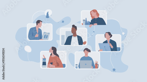 A diverse group of people collaborating remotely on laptops and devices in a virtual meeting