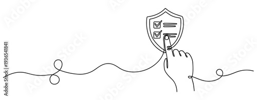Hand tapping shield with checklist representing security concept. No editable stroke