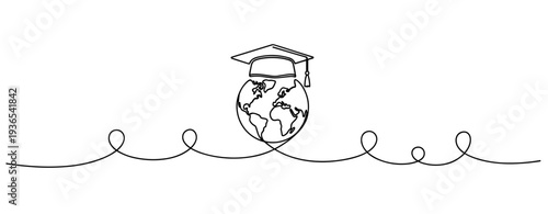 Globe wearing graduation cap balanced on continuous line. No editable stroke