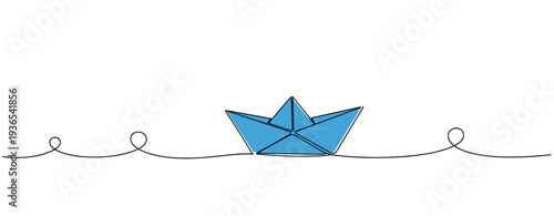 Paper boat floating on minimalist wavy line in studio. No editable stroke
