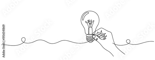 Hand holding illuminated light bulb above continuous line. No editable stroke