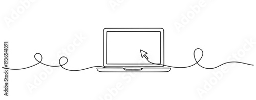 Laptop with cursor displayed in continuous line illustration. No editable stroke