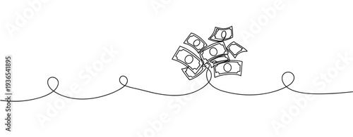 Money bills floating above continuous line surface. No editable stroke