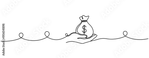 Hand holding money bag on continuous line white background. No editable stroke