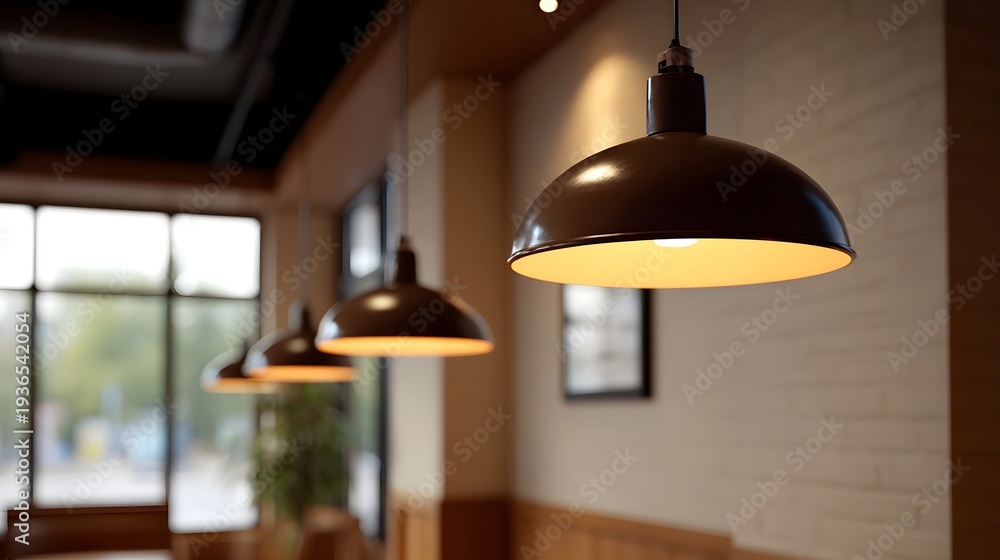 Obraz premium A row of dark industrial pendant lights casts a warm glow in a modern interior space with large