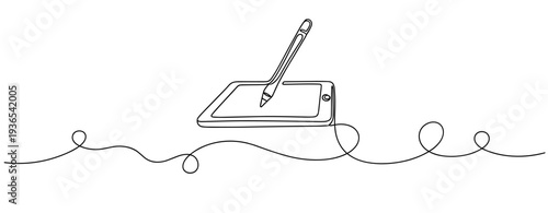 Tablet and stylus poised over continuous line surface. No editable stroke