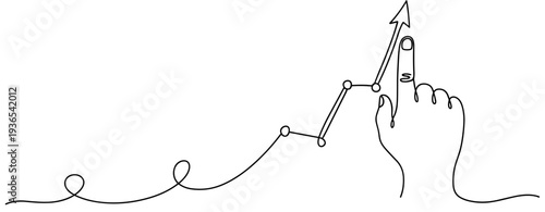Hand pointing at rising graph arrow on continuous line. No editable stroke