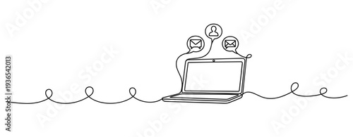 Laptop showing message and user icons floating above on line. No editable stroke